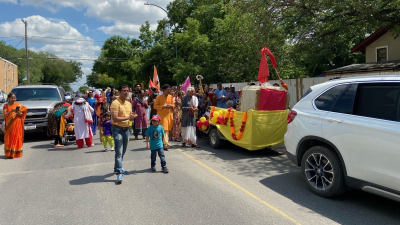 The Shri Shri Radha Krishna Temple held their Rath Yata festival Sunday afternoon, that included a peace walk to honour the young boy who was killed. (Luke Simard / CTV News) 