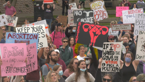 Hundreds of people gathered Sunday afternoon in Calgary for a march to support women impacted by the U.S. Supreme Court's decision to end constitutional protections for abortion (CTV News Calgary/Nicole Di Donato).