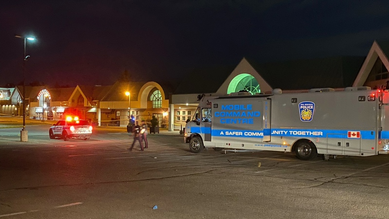 Police are seen outside a banquet hall in Mississauga after two people were stabbed on July 4, 2022. (Mike Nguyen/CP24)