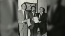 Irving Abella, centre, and Harold Troper accept the Toronto Jewish Cultural Council Writer's Award for None is Too Many, with Meyer Feldman, right, in this May 27, 1985 handout photo. Abella, co-author of "None is too Many," which detailed Canada's refusal to accept Jewish refugees fleeing the Holocaust, has died at age 82. THE CANADIAN PRESS/HO - Courtesy of the Ontario Jewish Archives