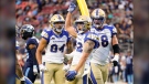 Winnipeg Blue Bombers' Drew Wolitarsky celebrates his touchdown with teammates Geoff Gray, right, and Brendan O'Leary-Orange during the first half of CFL football action against the Toronto Argonauts, in Toronto, Monday, July 4, 2022. THE CANADIAN PRESS/Mark Blinch