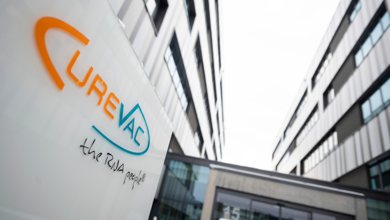 The logo of the biotech company Curevac with slogan "the RNA people" is displayed at the company headquarters in Tuebingen, Germany, Thursday, Jan. 7, 2021. (Sebastian Gollnow/dpa via AP)