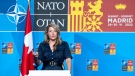 Minister for Foreign Affairs Melanie Joly responds to a question during a news conference at the NATO Summit in Madrid on Wednesday, June 29, 2022. THE CANADIAN PRESS/Paul Chiasson