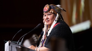 Assembly of First Nations National Chief RoseAnne Archibald speaks during the AFN annual general meeting, in Vancouver, July 5, 2022. THE CANADIAN PRESS/Darryl Dyck