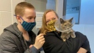 Megan and her son, Dean are pictured with their lost cat Miri, who went missing in Victoria and was found in Nanaimo. (BC SPCA)