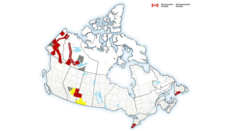 Temperatures hovered near 30 C across large parts of Yukon and Northwest Territories on Tuesday, prompting Environment Canada to issue multiple heat warnings. (Environment Canada)