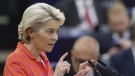 European Commission President Ursula von der Leyen delivers a speech at the European Parliament during the presentation of the program of activities of the Czech Republic's EU presidency, July 6, 2022 in Strasbourg, eastern France. (AP Photo/Jean-Francois Badias)