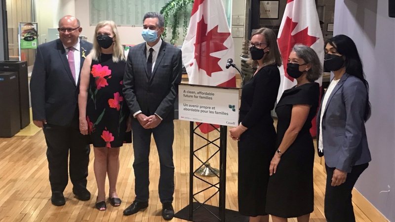 From Left: Kitchener Mayor Berry Vrbanovic, Kitchener South-Hespeler MP Valerie Bradford, Kitchener-Conestoga MP Tim Louis, Minister of Families, Children and Social Development Karina Gould, Parliamentary Secretary to the Minister of the Environment Julie Dabrusin, and Waterloo MP Bardish Chagger at a climate action incentive announcement at THEMUSUEM. (Chris Thomson/CTV Kitchener) (July 5, 2022)