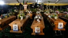 A view of the coffins during a funeral service held in Scenery Park, East London, South Africa, Wednesday, July 6, 2022. (AP Photo)