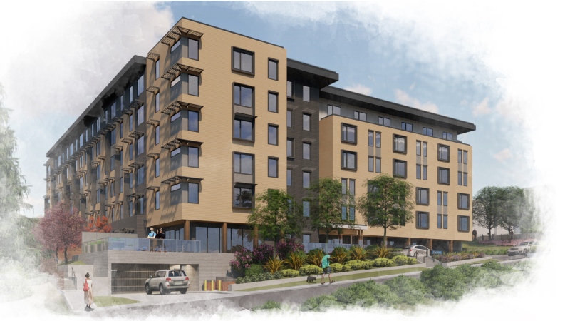 The six-storey, wood-frame building at 874 Fleming St. in Esquimalt, B.C., will include five three-bedroom and six four-bedroom units to accommodate families. (Lowe Hammond Rowe Architects)