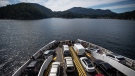 People stand on the vehicle deck of the B.C. Ferries vessel Queen of Capilano as it approaches Bowen Island on a sailing from Horseshoe Bay, B.C., on Saturday, Aug. 28, 2021. THE CANADIAN PRESS/Darryl Dyck