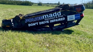 MADD Edmonton is using a crashed car to try and remind Edmontonians not to get behind the wheel when drinking or using drugs. (Source: MADD)