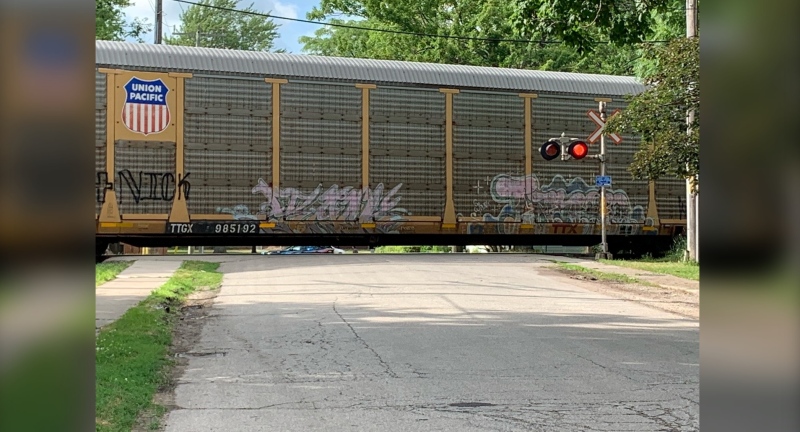 A pedestrian was struck at the railway crossing located near Princess Street and Colborne Street in Chatham, Ont., as seen on July 6, 2022. (Chris Campbell/CTV News Windsor)
