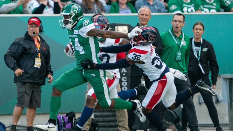Wide receiver Tevin Jones during the Riders second matchup against the Montreal Alouettes. Jones recorded 3 receptions for 56 yards. (Courtesy: Saskatchewan Roughriders)