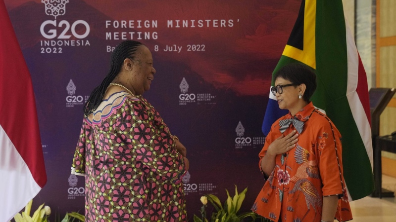 Indonesian Foreign Minister Retno Marsudi, right, greets South African Minister of International Relations and Cooperation Naledi Pandor during their bilateral meeting ahead of the G20 Foreign Ministers' Meeting in Nusa Dua, Bali, Indonesia, July 7, 2022. (AP Photo/Dita Alangkara, Pool)