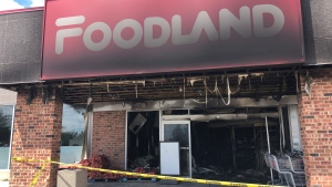 Fire gutted the front entrance of the Foodland in Dorchester on July 7, 2022. (Jim Knight/CTV News London)