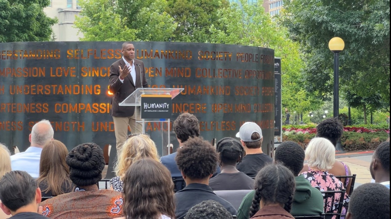 Toronto Raptors President Masai Ujiri speaks at the unveiling of the 'Humanity' art installation at Major's Hill Park in Ottawa on Friday, July 8, 2022. (Jeremie Charron/CTV News Ottawa)