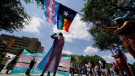 Demonstrators gather on the steps to the State Capitol to speak against transgender-related legislation bills being considered in the Texas Senate and Texas House, May 20, 2021, in Austin, Texas. (AP Photo/Eric Gay, File)