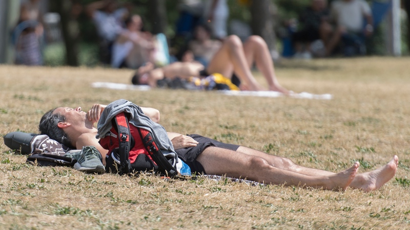 People sunbathe in a city park in Montreal, Sunday, June 21, 2020, as a heat wave hits the city and province. THE CANADIAN PRESS/Graham Hughes
