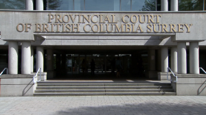 The exterior of a provincial courthouse in Surrey, B.C., is seen. 