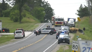 Emergency crews are at the scene of a serious two-vehicle collision in Bradford West Gwillimbury, Ont., on Thurs., July 21, 2022. (CTV News/Christian D'Avino) 