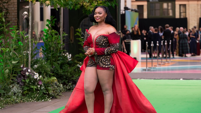 Yemi Alade poses for photographers upon arrival at The Earthshot Prize Awards Ceremony, in London, Sunday, Oct. 17, 2021. (AP Photo/Scott Garfitt)