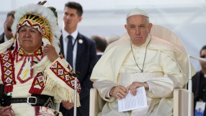 Pope Francis meets indigenous communities, including First Nations, Metis and Inuit, at Our Lady of Seven Sorrows Catholic Church in Maskwacis, near Edmonton on Monday, July 25, 2022. 