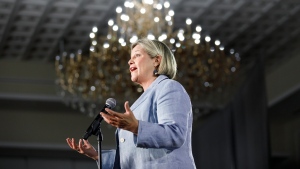 Ontario NDP Leader Andrea Horwath speaks during a press conference, following an NDP campaign rally in Brampton, Ont., Saturday. May 14, 2022. THE CANADIAN PRESS/Cole Burston 