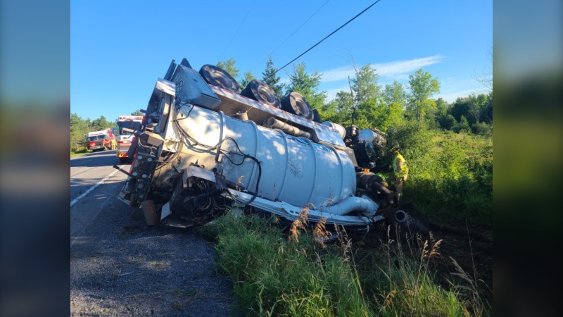 A tanker truck rolled over on Dwyer Hill Road in rural west Ottawa Wednesday morning. (Ottawa Fire Services)
