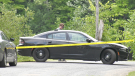 Provincial police investigate a shooting in Bracebridge, Ont., on Wed., July 27, 2022. (CTV News/Steve Mansbridge)
