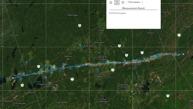 Western University's Northern Tornadoes Project released a map showing the track of a tornado that touched down in eastern Ontario last Sunday. (Western University's Northern Tornadoes Project/Twitter)