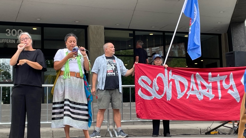 A planned hunger strike by #TheForgotten519 is underway at London City Hall on Aug. 2, 2022. (Carlyle Fiset/CTV News London)