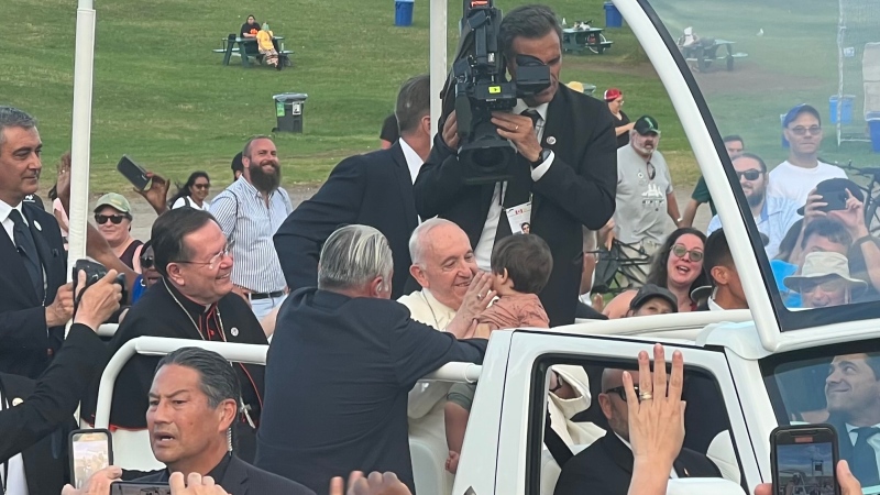 Media, security and staff were almost more visible than the faithful who went to the Plains of Abraham in Quebec City for Pope Francis's visit on July 27, 2022. (Daniel J. Rowe/CTV News)