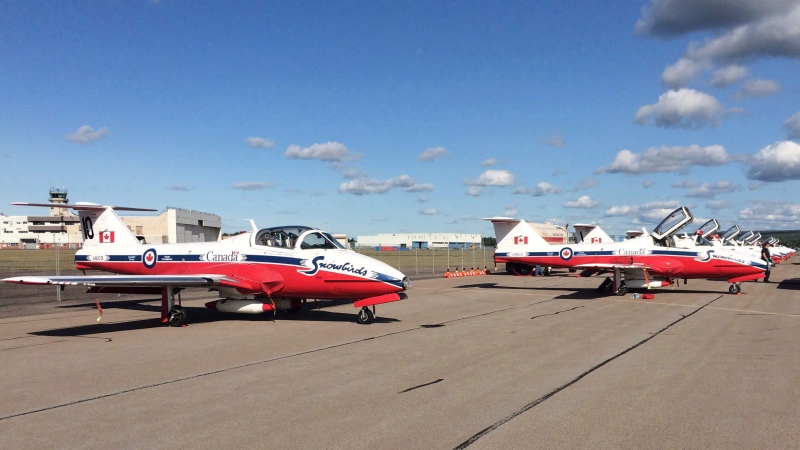 The Snowbirds jets sit parked on the tarmac following a performance at CFB Greenwood in Greenwood, N.S., on Saturday, August 27, 2017.  THE CANADIAN PRESS/Michael MacDonald