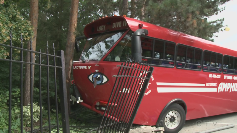The 'Amphibus' tour bus collided with the gate outside 24 Sussex Dr., the official residence of the prime minister, on Wednesday, Aug. 3, 2022. Officials say no one was hurt. (Jim O'Grady/CTV News Ottawa)