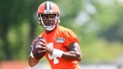Cleveland Browns quarterback Deshaun Watson takes part in drills during the NFL football team's training camp, Monday, Aug. 1, 2022, in Berea, Ohio. (AP Photo/Nick Cammett)