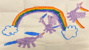 A Pegasus, a Unicorn and an Alicorn all prancing around a rainbow. Waverley Woods, 7 years old, Ecole Lamoureux