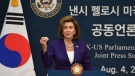 U.S. House Speaker Nancy Pelosi after meeting with South Korean National Assembly Speaker Kim Jin Pyo at the National Assembly in Seoul, on Aug. 4, 2022. (Kim Min-Hee / Pool Photo via AP)