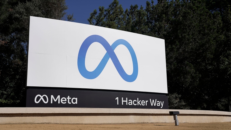 Facebook's Meta logo sign is seen at the company headquarters in Menlo Park, Calif., on, Oct. 28, 2021. (AP Photo/Tony Avelar, File)