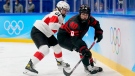 Canada's Blayre Turnbull (40) is defended by Switzerland's Rahel Enzler (21) during a preliminary round women's hockey game at the 2022 Winter Olympics, Thursday, Feb. 3, 2022, in Beijing. (AP Photo/Matt Slocum)
