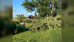 Crews at Coronach Golf Course were cleaning up on Friday morning after a wind storm knocked down branches and blew debris all over the course. (Source: Tammy Hicks/Coronach Golf Club Facebook group)