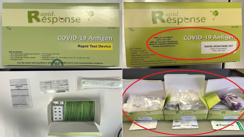 The authentic BTNX rapid test kits are seen in the left while the counterfeit test kits are seen in the right. Health Canada says the fake kits were sold online in Ontario. (Health Canada)