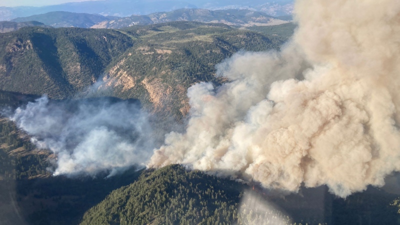 The Keremeos Creek wildfire is shown burning north of Keremeos, B.C., in this Friday, July 29, 2022, handout photo. THE CANADIAN PRESS/HO - BC Wildfire Service