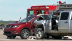 Police say seven people were hurt when two vehicles collided on a rural highway north of Cochrane on Saturday.