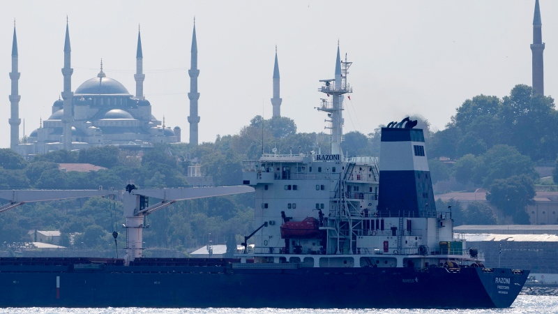 The cargo ship Razoni crosses the Bosphorus Strait in Istanbul, Turkey on Aug. 3, 2022. The first cargo ship to leave Ukraine since the Russian invasion was anchored at an inspection area in the Black Sea off the coast of Istanbul Wednesday morning, awaiting an inspection, before moving on to Lebanon. (AP Photo/Khalil Hamra)