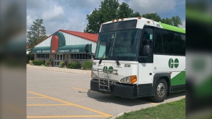 A GO-VAXX bus clinic is seen in Parkhill, Ont. on August 7, 2022. Parkhill is one of six planned stops for the travelling COVID-19 vaccination clinic in the Middlesex-London area this month. (Brent Lale/CTV News London)
