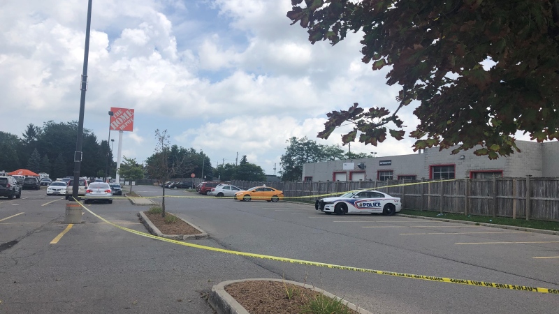 London police are investigating Sunday after a man was discovered in east London with serious injuries but died shortly after being transported to hospital on August 7, 2022. Part of a Home Depot parking lot located in the area of Dundas Street and Clarke Road was taped off by police. (Jenn Basa/CTV News London)