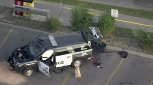 A police canine unit SUV is seen near Keele St. and Lawrence Avenue after a wild police chase on Aug. 8, 2022. (Chopper 24)