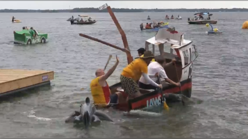 Dozens of would-be sailors attempted to race their cardboard boats in Orillia Sun. Aug.7, 2022 (CTV NEWS BARRIE)