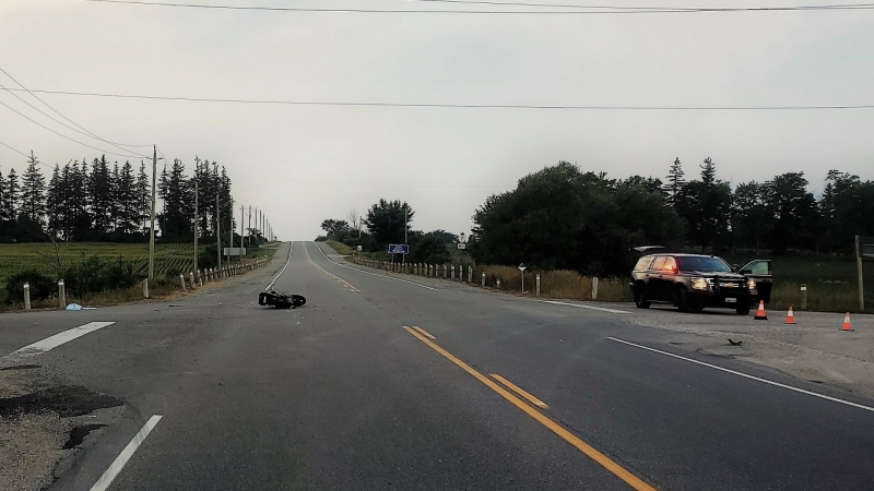 A motorcycle crash on Hwy. 7 between Guelph and Kitchener. (Courtesy: Wellington County OPP) (Aug. 7, 2022)